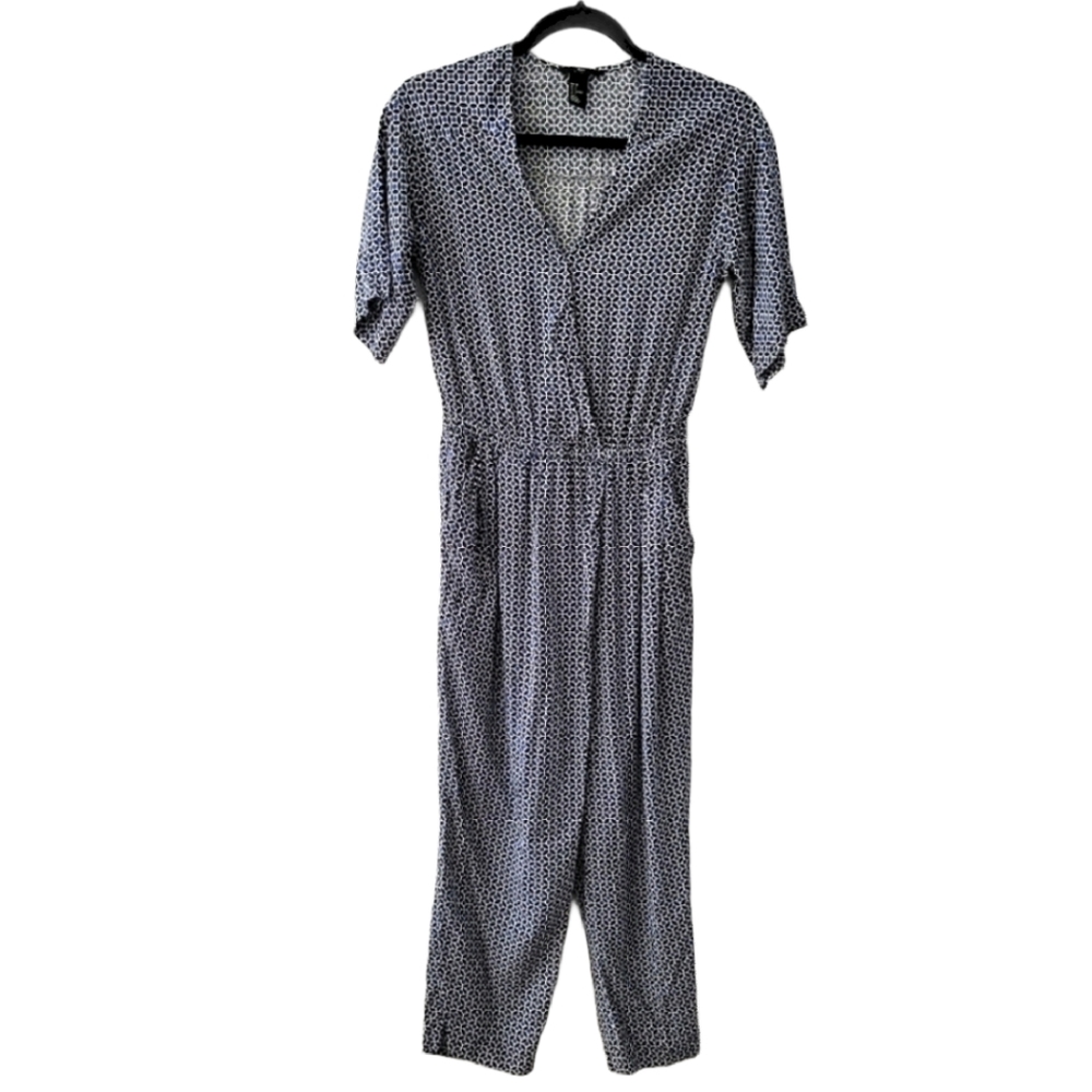 Women's Jumpsuit Romper Capri, Blue and Black Geometric Patterned  SZ 2